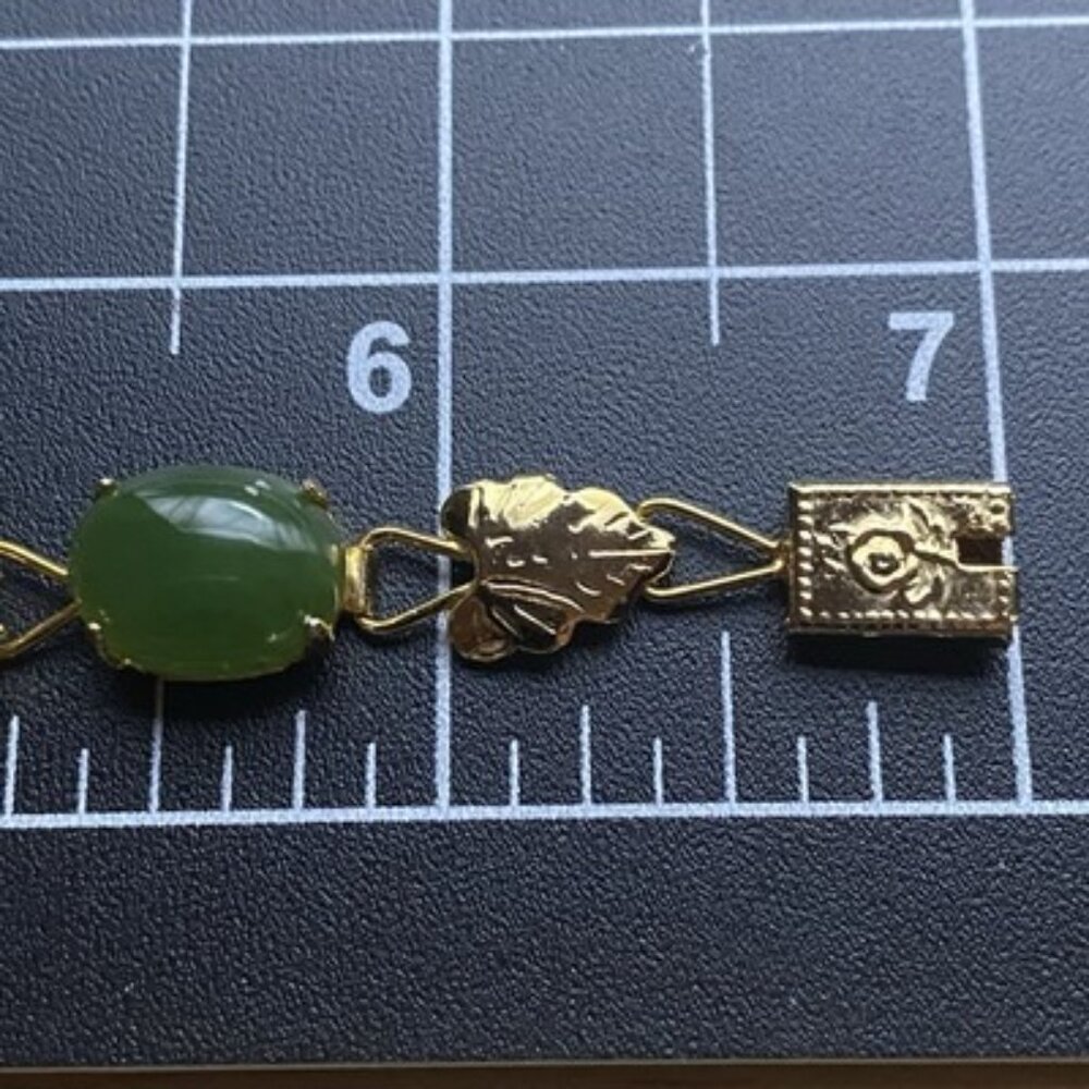 Vtg Green Jadeite Bracelet Gold Plated Bamboo Accent Floral Box Clasp 7" UV Test - Picture 14 of 16